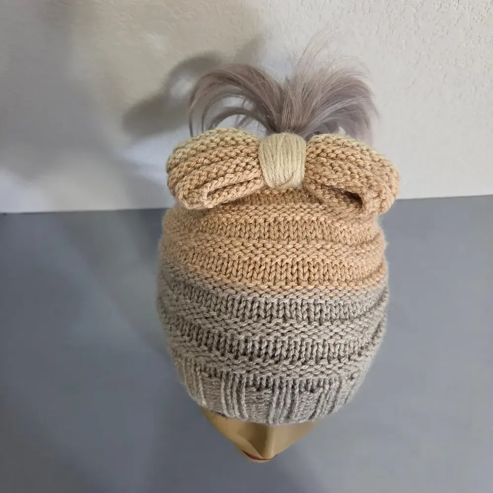 Handmade Knit Beanie Hat Womens OS Bow Pony Tail Hole Fall Winter Cute